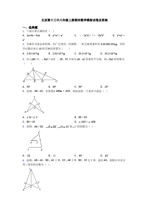 北京第十三中八年级上册期末数学模拟试卷及答案