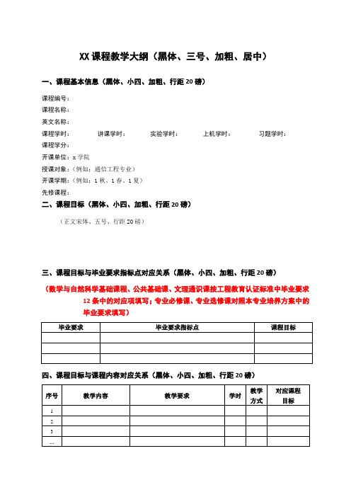 XX课程教学大纲(黑体、三号、加粗、居中)