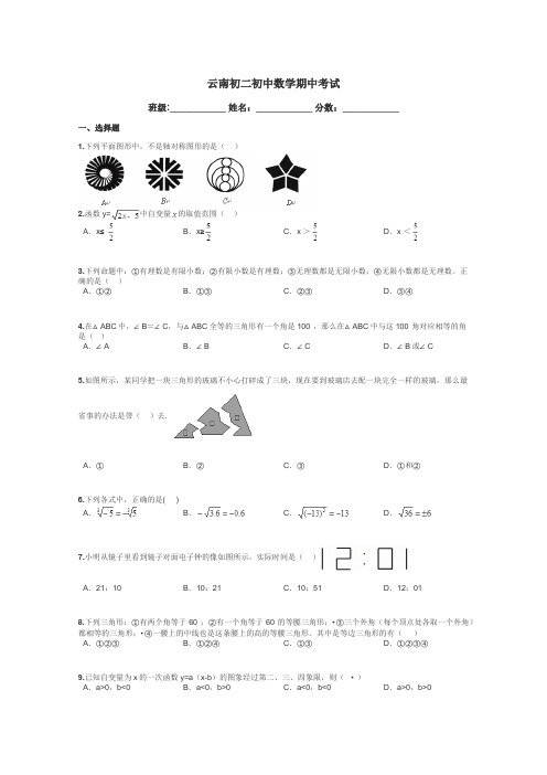 云南初二初中数学期中考试带答案解析
