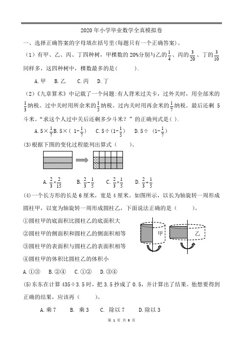 2020年小学毕业数学全真模拟卷(附答案)