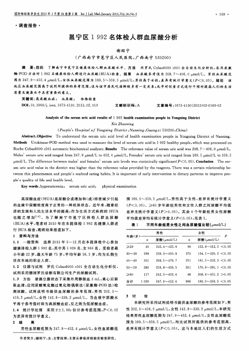 邕宁区1992名体检人群血尿酸分析