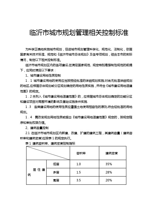 临沂市城市规划管理相关控制标准