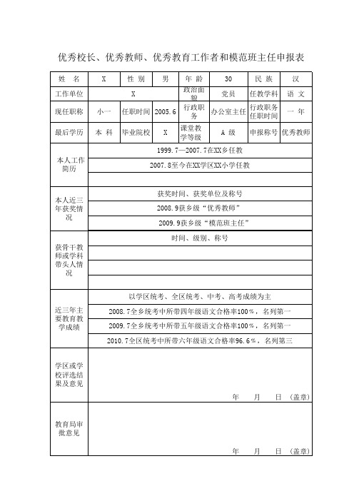 优秀教师申报表