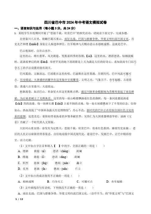 四川省巴中市2024年中考语文模拟试卷