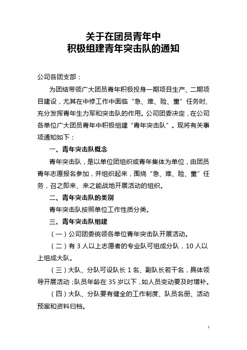 关于在团员青年中积极组建青年突击队的通知