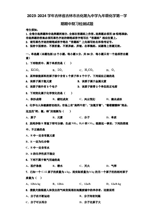 2023-2024学年吉林省吉林市吉化第九中学九年级化学第一学期期中复习检测试题含解析