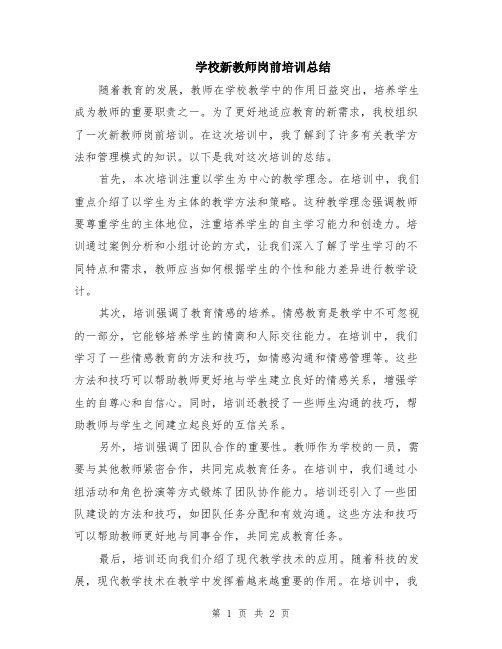 学校新教师岗前培训总结