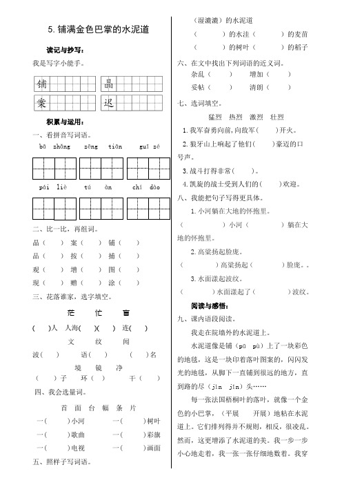 三年级上册语文同步练习-第二单元《5.铺满金色巴掌的水泥道》人教部编版 (含答案)