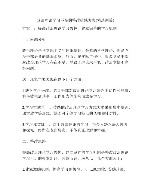 政治理论学习不足的整改措施方案(精选两篇)