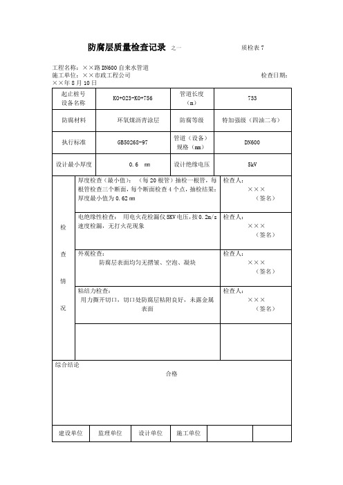 施工单位防腐层质量检查记录质检表