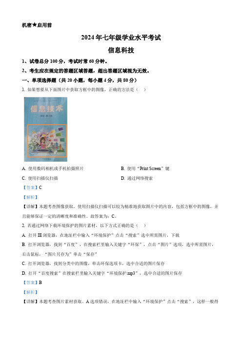 山东省德州市乐陵实验中学2023-2024学年七年级下学期期末考试信息技术试题(解析版)