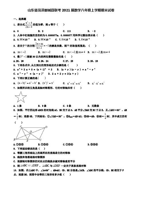 山东省菏泽鄄城县联考2021届数学八年级上学期期末试卷