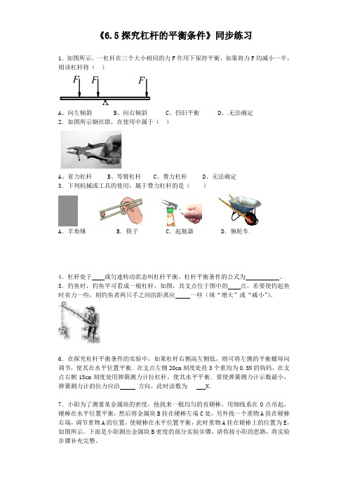 沪粤版八年级物理下册 6.5探究杠杆的平衡条件同步练习题2