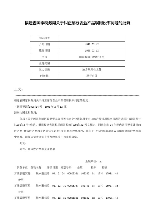 福建省国家税务局关于纠正部分农业产品误用税率问题的批复-闽国税流[1998]14号