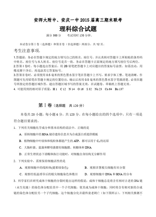 安庆一中、安师大附中2015届高三第四次模考理科综合试题及答案