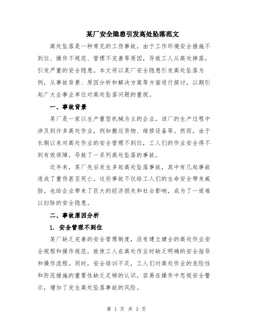 某厂安全隐患引发高处坠落范文