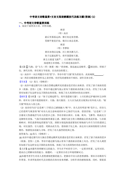 中考语文诗歌鉴赏+文言文阅读解题技巧及练习题(答案)(1)