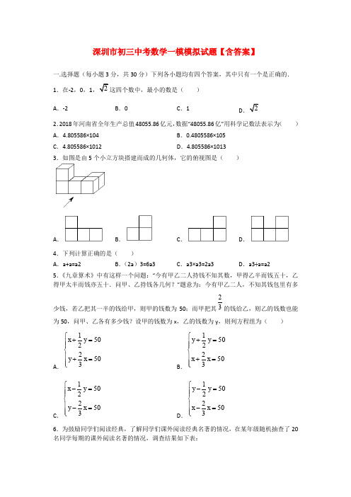 深圳市初三中考数学一模模拟试题【含答案】