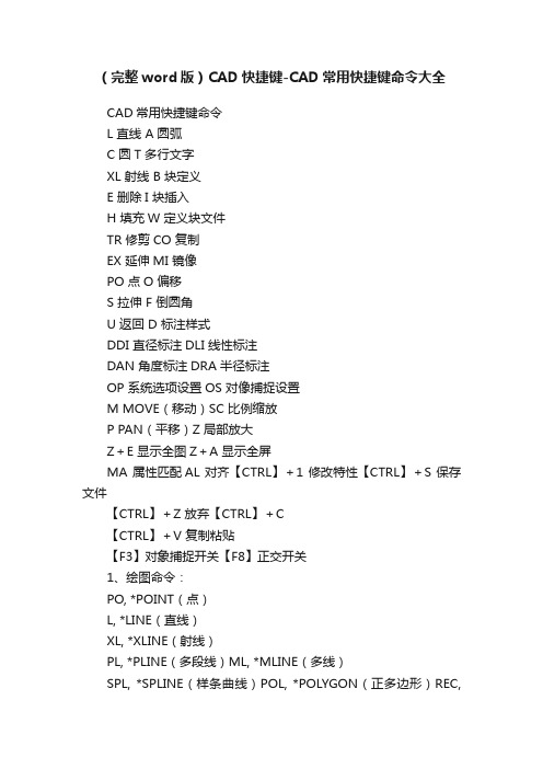 （完整word版）CAD快捷键-CAD常用快捷键命令大全