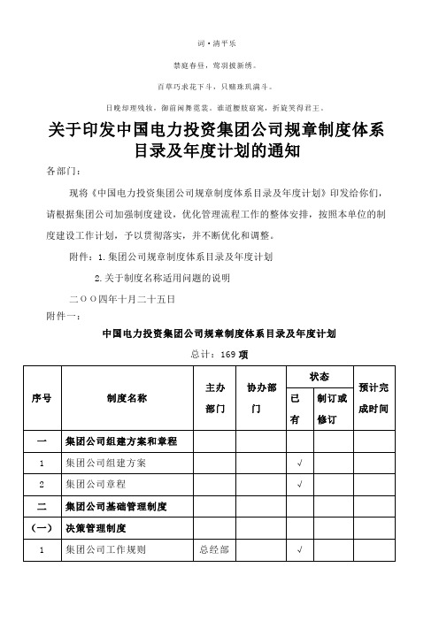 分析分析印发中国电力投资集团公司规章制度体系目录及