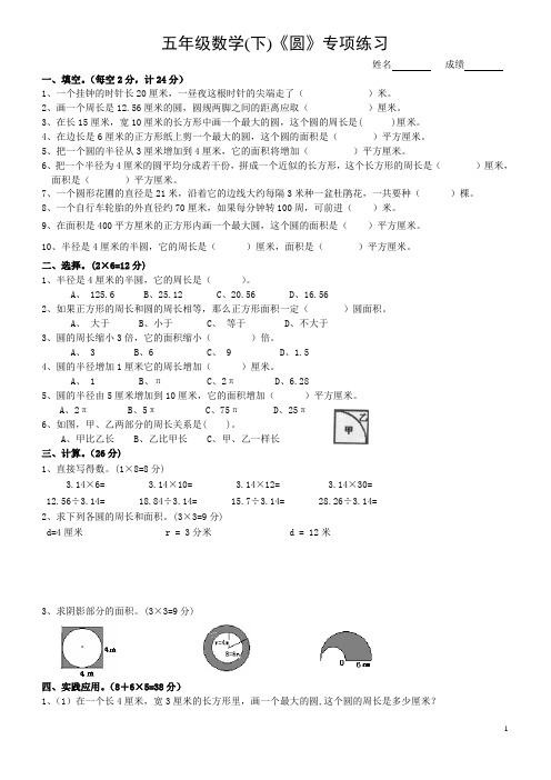 (苏教版)五年级数学(下)《圆》专项练习