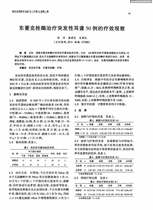 东菱克栓酶治疗突发性耳聋50例的疗效观察