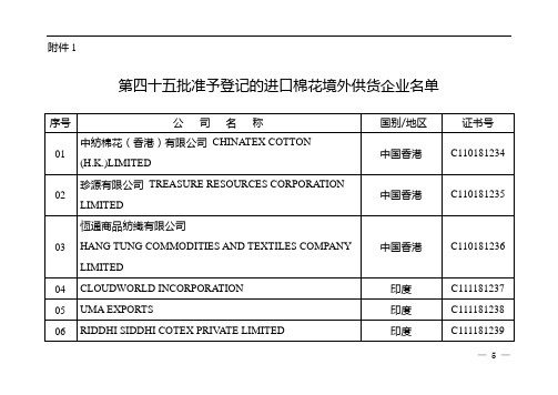 《第四十五批准予登记的进口棉花境外供货企业名单》