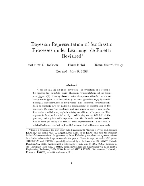 Bayesian representation of stochastic processes under learning De finetti revisited