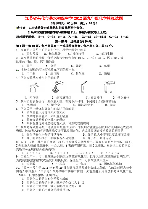 江苏省兴化市楚水初级中学九年级化学模拟试题