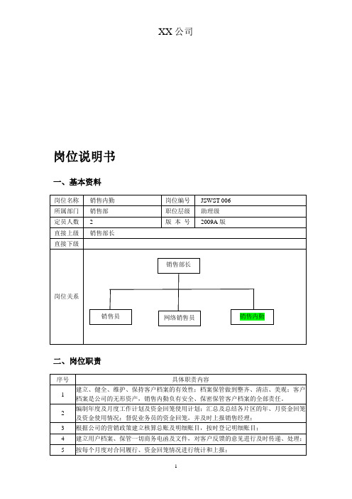 销售内勤的岗位说明书