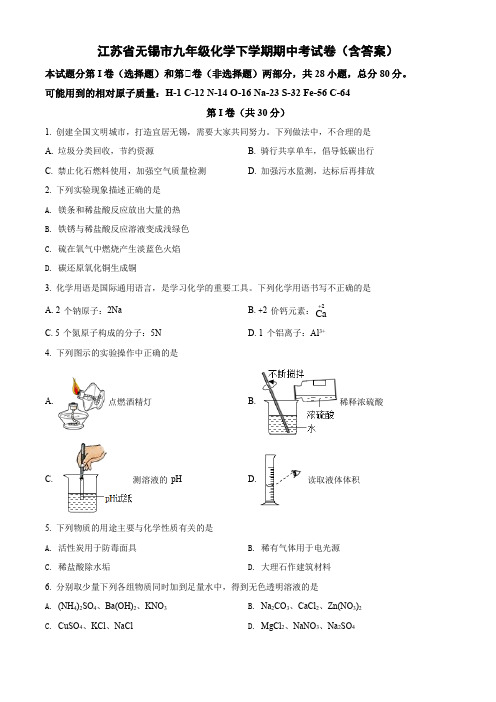 江苏省无锡市九年级化学下学期期中考试卷(含答案)