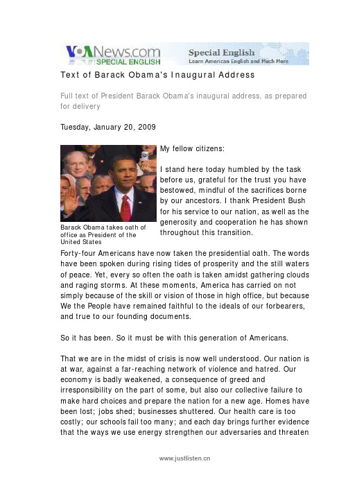 【奥巴马总统就职演说】Text.of.President.Barack.Obama's.Inaugural.Address