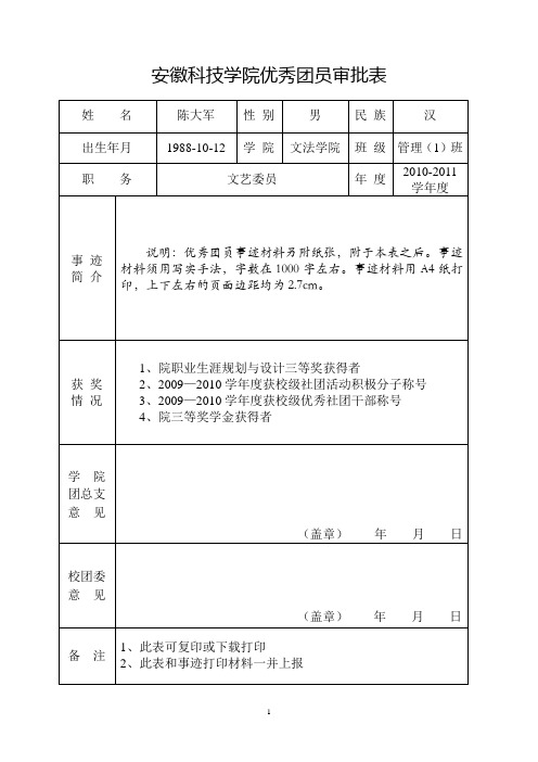 安徽科技学院优秀团员审批表