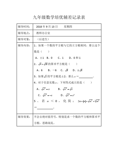 九年级数学培优辅差记录表