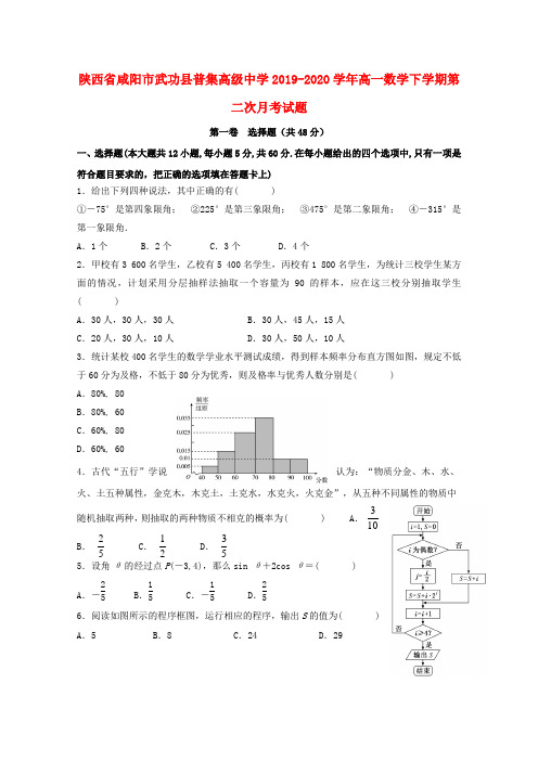 陕西省咸阳市武功县普集高级中学2019_2020学年高一数学下学期第二次月考试题