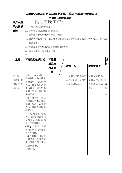 人教版品德与社会五年级上册第二单元主题单元教学设计