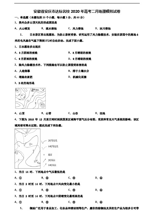 安徽省安庆市达标名校2020年高考二月地理模拟试卷含解析