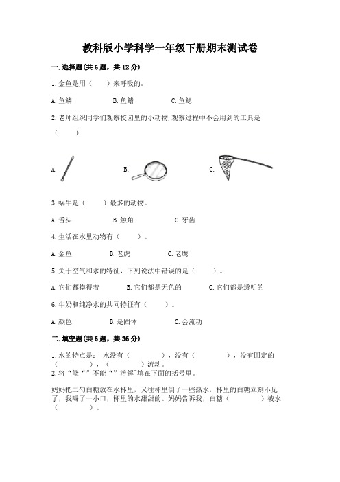 教科版小学科学一年级下册期末测试卷及参考答案【完整版】