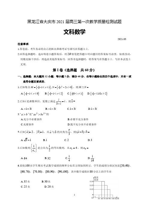 黑龙江省大庆市2021届高三第一次教学质量检测数学(文)试题 含答案