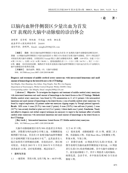 以脑内血肿伴侧裂区少量出血为首发CT表现的大脑中动脉瘤的诊治体会