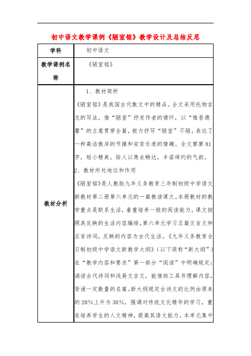 初中语文教学课例《陋室铭》课程思政核心素养教学设计及总结反思