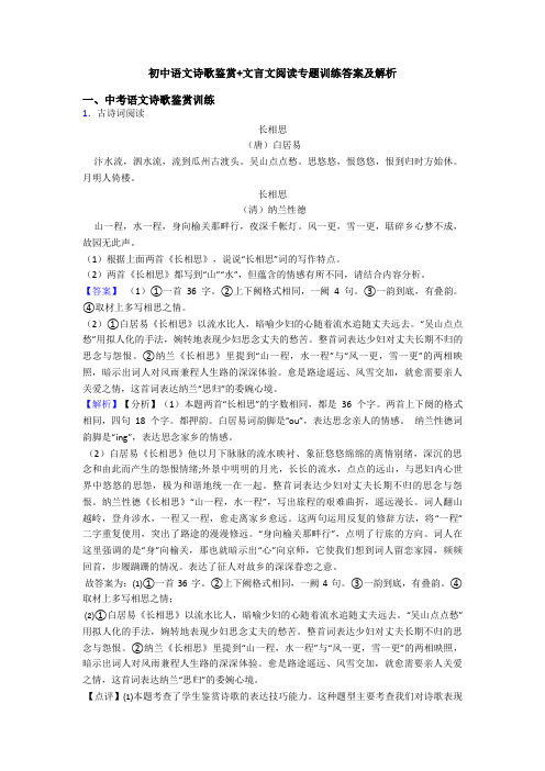 初中语文诗歌鉴赏+文言文阅读专题训练答案及解析