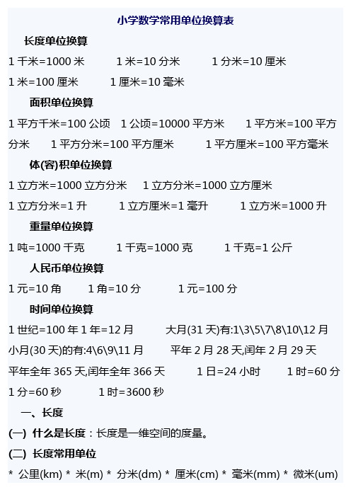 (完整版)小学数学1到6年级常用单位换算表