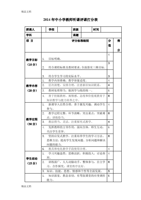 最新中小学教师听课评课打分表