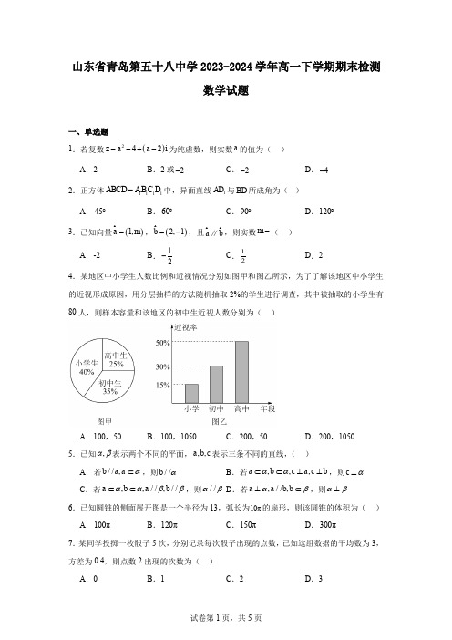 山东省青岛第五十八中学2023-2024学年高一下学期期末检测数学试题