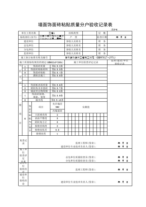 墙面饰面砖粘贴质量分户验收记录表(最新)