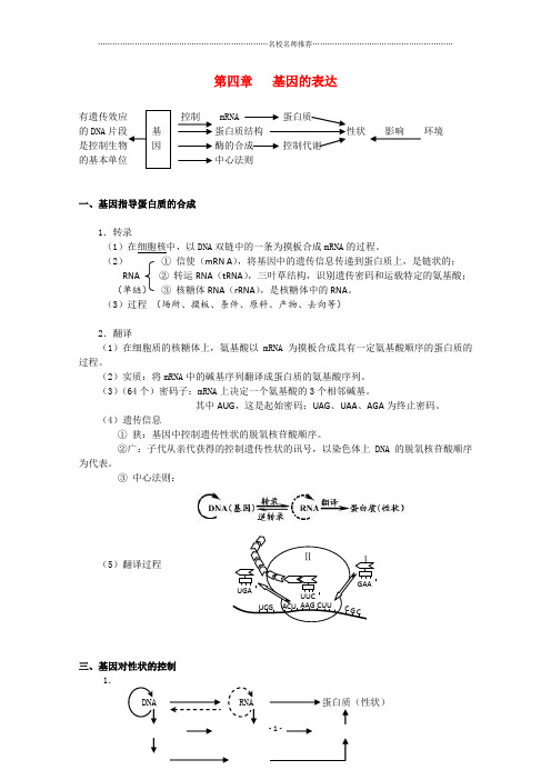 高一生物《遗传与进化》单元知识结构：第四章《基因的表达》新人教版必修2精编版