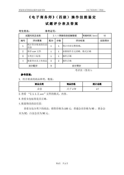 电子商务员_4级_操作技能鉴定2.1.1试题评分表及答案