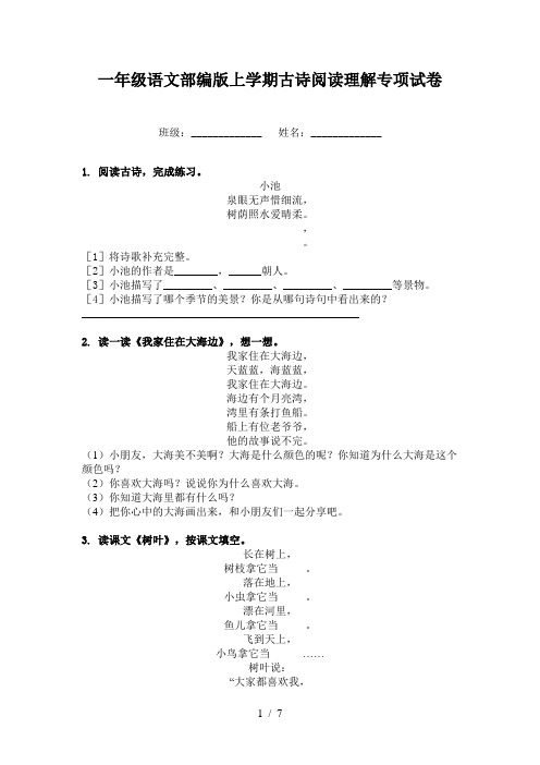 一年级语文部编版上学期古诗阅读理解专项试卷