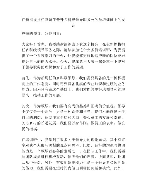 在新提拔担任或调任晋升乡科级领导职务公务员培训班上的发言